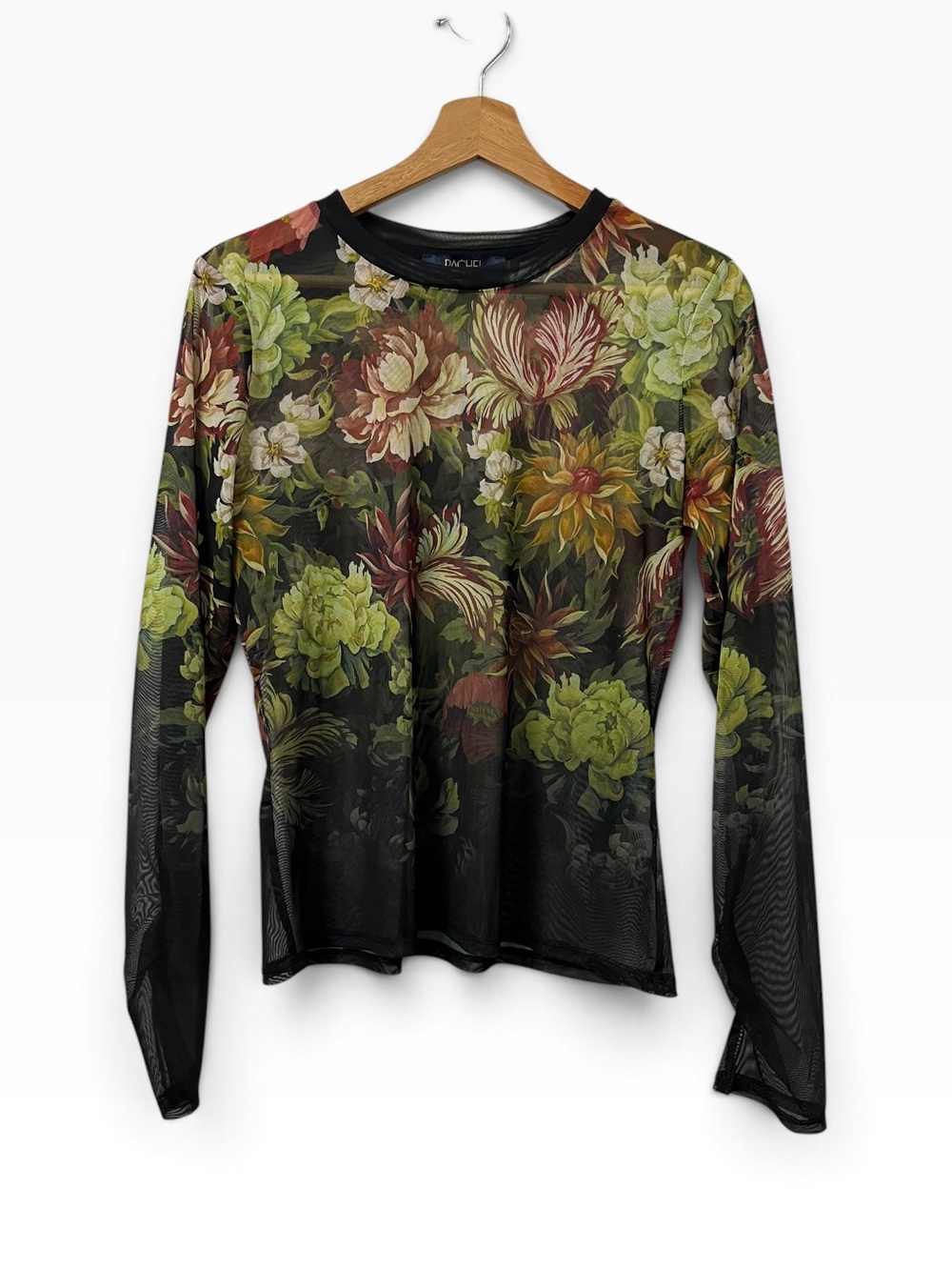 Rachel Roy Sheer Floral Top Women’s M Black Stretch Mesh Long Sleeve Blouse